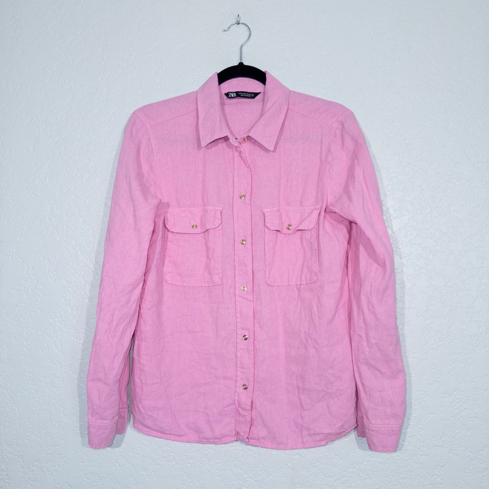Zara Pink Roll Tab Double‎ Breasted Button Down Shirt Size Medium